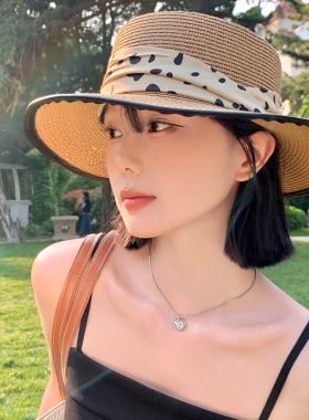 复古波点平顶草帽女夏季法式度假