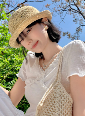 法式卷边镂空透气拉菲草帽子女夏