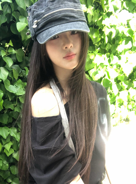 杨超越同款水洗做旧拉链花朵平顶