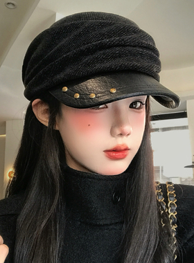 复古黑色褶皱铆钉皮檐马术帽女秋