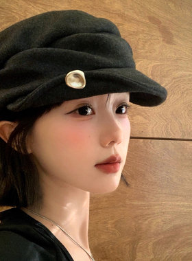 复古金属扣褶皱翻檐马术帽女秋冬