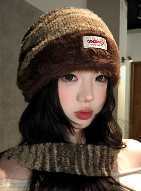 美拉德复古条纹撞色毛绒帽子女冬
