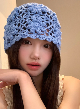 民族风手工钩花蓝色针织帽子女春