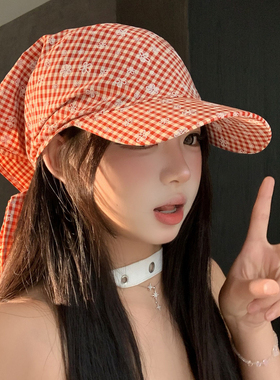 红色碎花格子绑带头巾帽女夏季薄