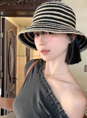 韩系复古条纹渔夫帽女夏季透气