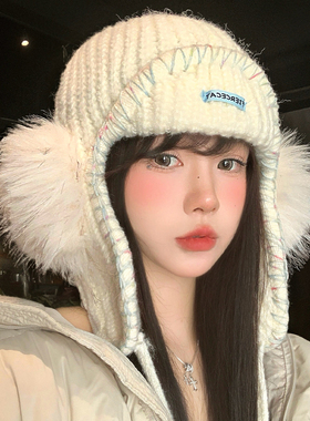 白色毛绒护耳针织雷锋帽女秋冬