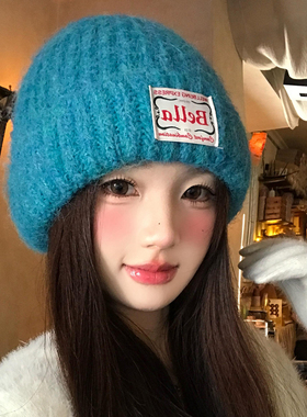 大头围蓝色加厚保暖毛线帽子女秋