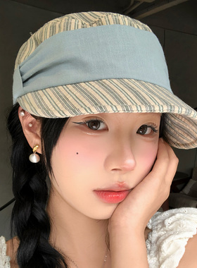 日系蓝色条纹平顶马术帽女夏季薄