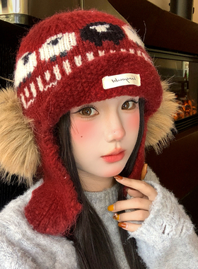 复古红色小羊提花针织毛线帽女秋