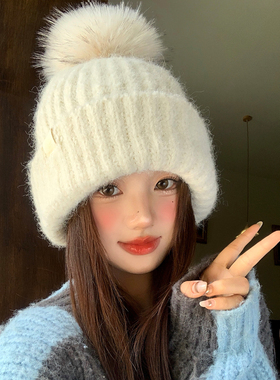 白色韩系毛球软糯针织包头帽女款