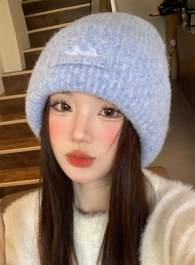 大头围蓝色针织毛线帽女秋冬季