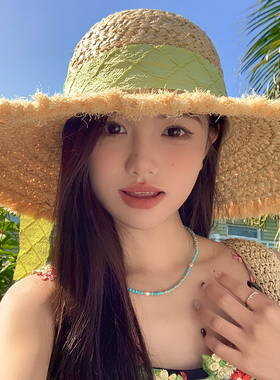 绿色系带拉菲草帽女春夏季新款