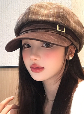 美拉德复古棕色格子贝雷帽女秋冬
