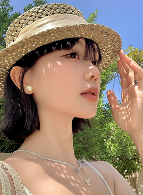 老钱风复古平顶镂空草帽女夏季