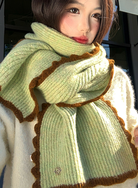 绿色波浪边针织毛线围巾女生冬季