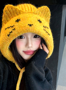 黄色可爱猫耳朵系带针织帽女冬季