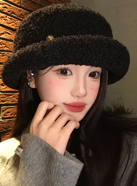 千金风羊羔毛黑色毛绒卷边礼帽女