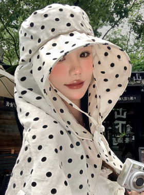 波点大帽檐披肩护颈防晒帽女夏季