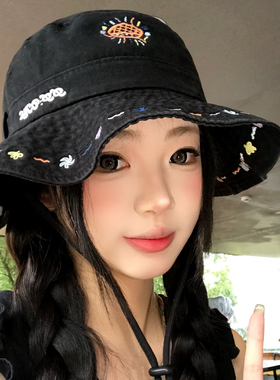 刺绣碎花黑色牛仔渔夫帽女生大帽