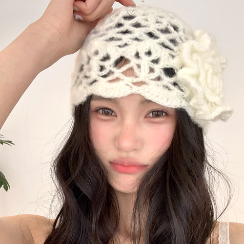 韩系立体花朵针织冷帽女春夏季新款显脸小透气帽子镂空编织包头帽 - 图0