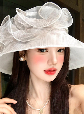 法式优雅网纱花朵大帽檐防晒帽女