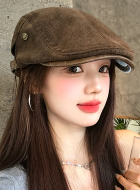 英伦复古做旧咖色鸭舌前进帽女春