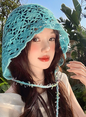 韩系花朵手工钩织蓝色套头帽女