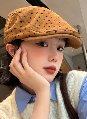 美拉德棕色波点麂皮绒前进帽女秋