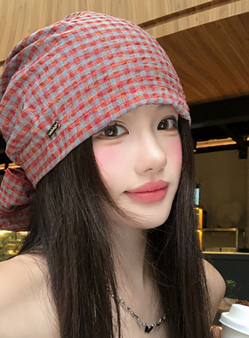 复古格纹双面可戴绑带头巾帽女夏