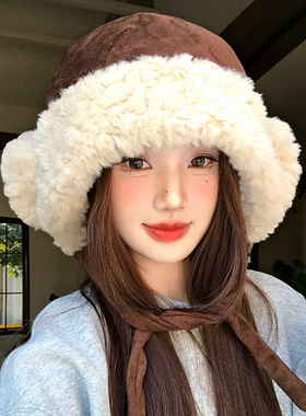 美拉德咖色麂皮绒绑带毛绒帽子女