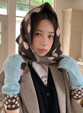 撞色波点针织手套女秋冬季保暖