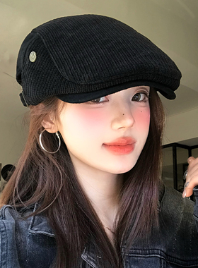 复古黑色灯芯绒前进帽女秋季气质