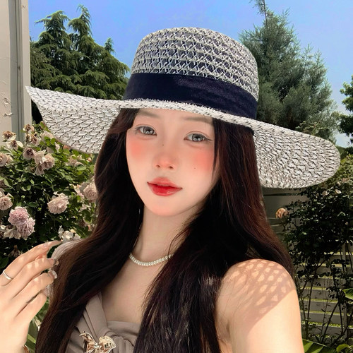 法式赫本风镂空草帽女高级感平顶礼帽大帽檐夏季海边度假防晒帽子 - 图2