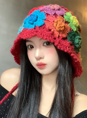 民族风彩色花朵镂空针织帽子女
