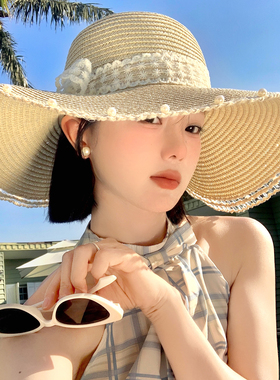 法式蕾丝珍珠蝴蝶结草帽女夏季