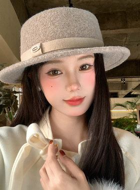 法式赫本风毛呢平顶礼帽千金名媛