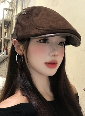 复古美式麂皮绒咖色前进帽女秋冬