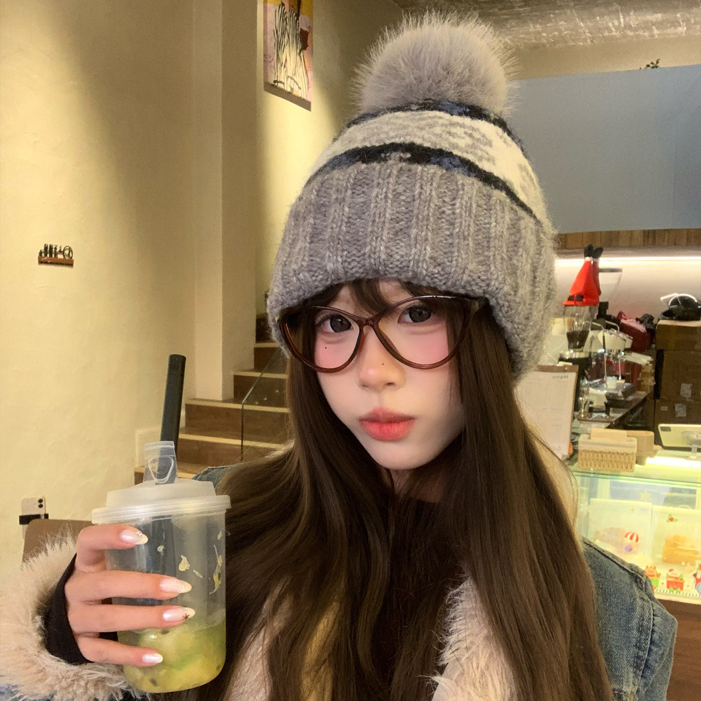 复古费尔岛毛球灰色针织毛线帽女冬季氛围感加厚保暖防寒包头帽子,淘宝优惠券,粉丝福利购,淘宝优惠卷