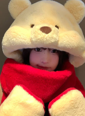 迪士尼正版维尼毛绒帽子围巾一体