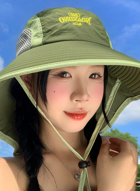 绿色网眼绑带登山帽女夏季大帽檐