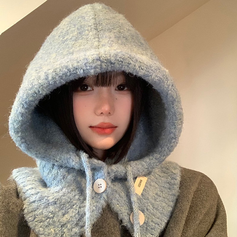 韩版蓝色巴拉克拉法帽女秋冬季帽子围巾一体保暖护耳针织毛线帽 - 图2