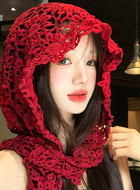 红色镂空钩花披肩针织帽女夏旅游
