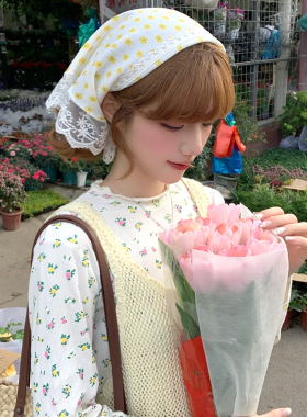 法式黄色碎花蕾丝花边三角头巾女