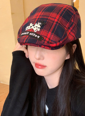 韩系红色格子小狗前进帽女春秋季