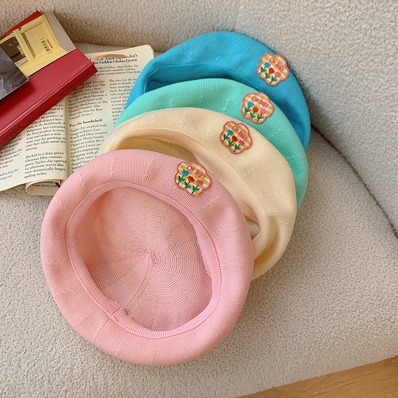 小清新花朵贝雷帽女夏季编织透气粉色蓓蕾画家帽大头围显脸小帽子-图2