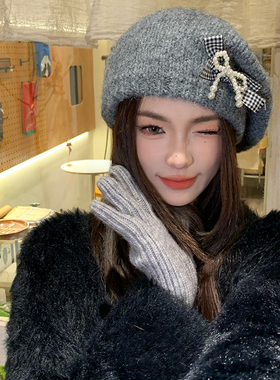 灰色蝴蝶结针织毛线贝雷帽女春秋