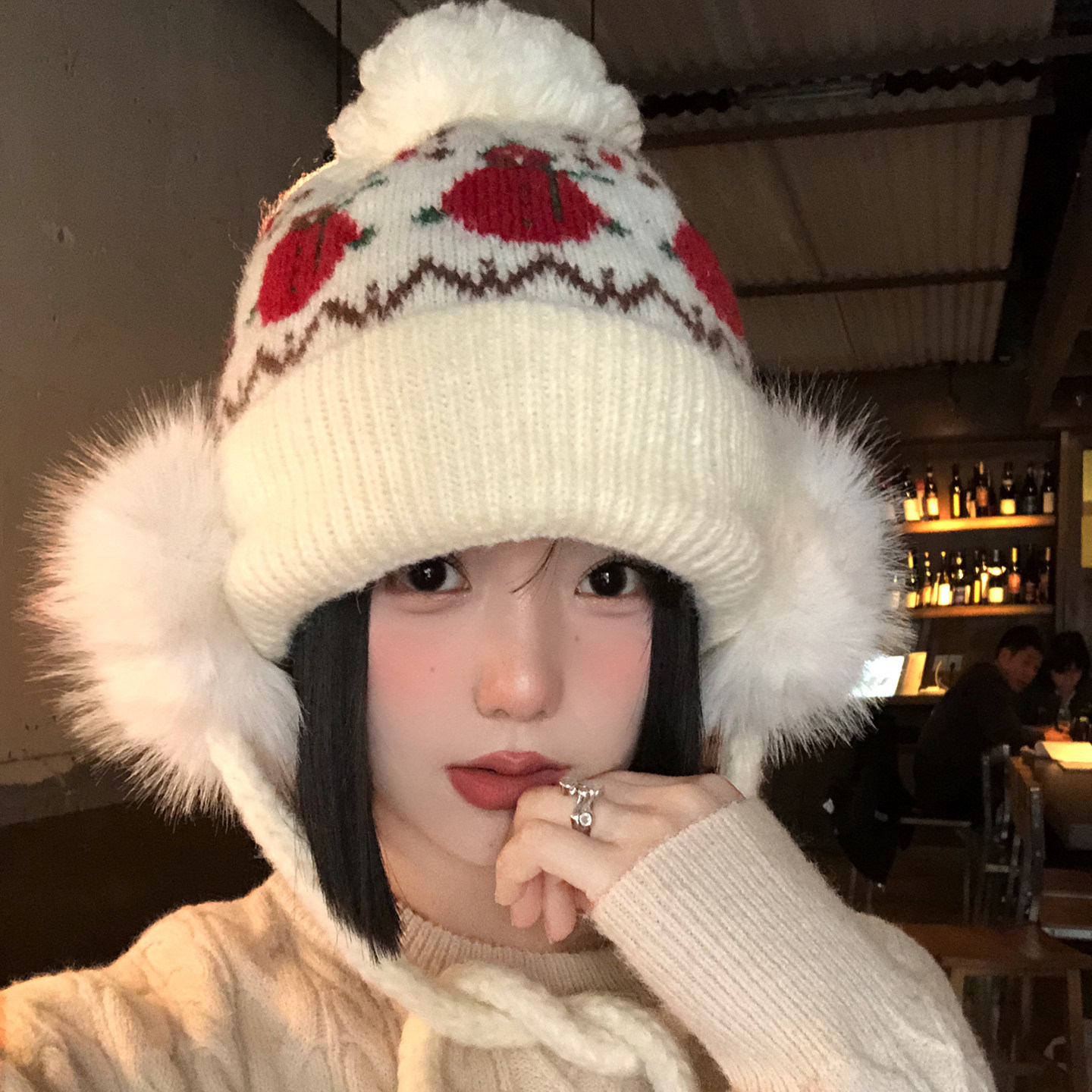 费尔岛提花可爱小雪人针织帽女冬季氛围感显脸小保暖护耳毛线帽子,淘宝优惠券,粉丝福利购,淘宝优惠卷