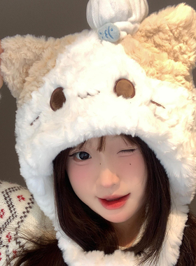 可爱猫咪耳朵厨师帽毛绒帽子女冬