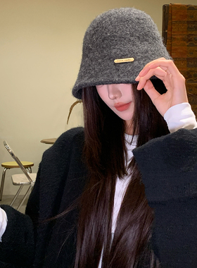 高级感灰色针织渔夫帽女秋冬季