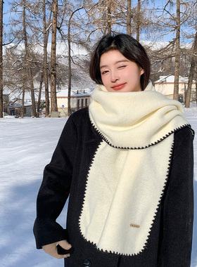 仿羊绒锁边白色针织围巾女2026年